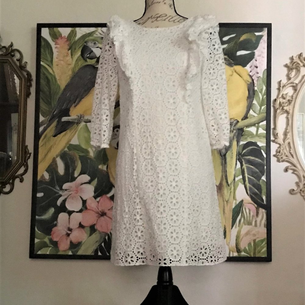 LILLY PULITZER WHITE SAND DOLLAR EYELET LACE RUFFLE TIEBACK DRESS SIZE SMALL